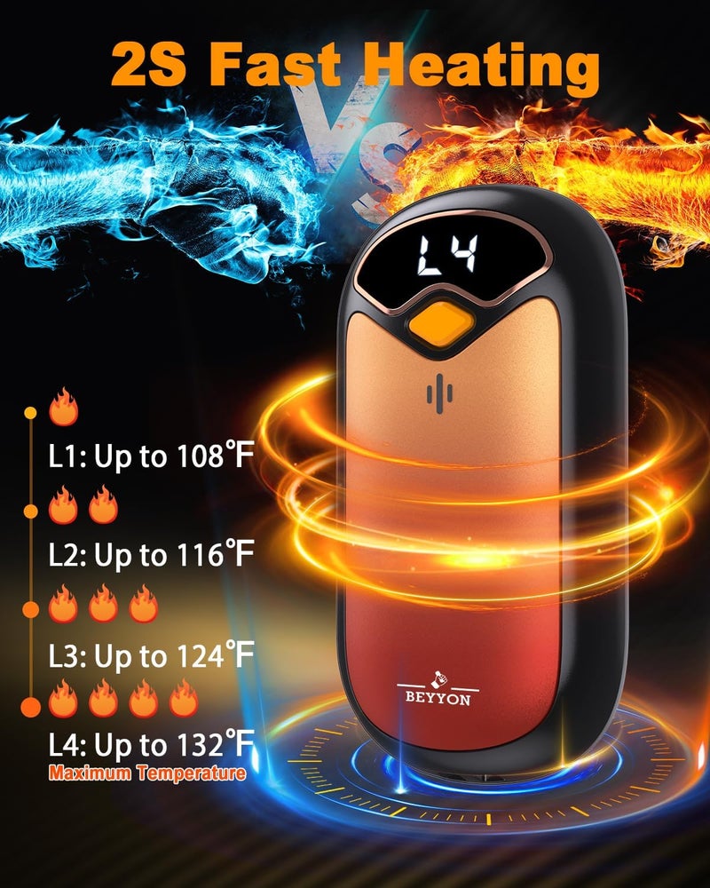 BEYYON B Hand Warmers Rechargeable - Electric Hand Warmer Rechargeable 2 Pack, LED Digital Display, 4 Heat Levels Reusable, USB, Magnetic Portable Handwarmers for Golf/Camping/Hunting, Gift for Women, Men - Image 2